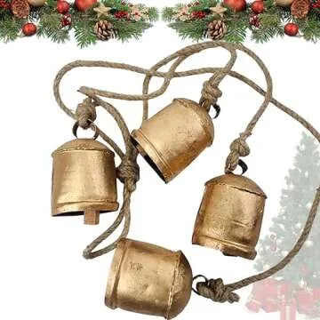 BELLUXE Harmony 4 Cow Bells Cluster on Rope Large Rustic Vintage Lucky Cow Bells On Rope Wall Hanging Décor (4 Bells)