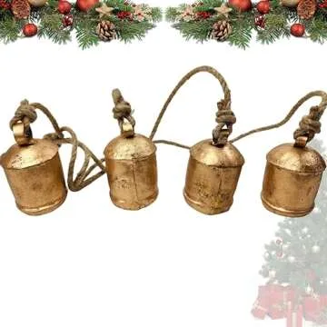 BELLUXE Harmony 4 Cow Bells Cluster on Rope Large Rustic Vintage Lucky Cow Bells On Rope Wall Hanging Décor (4 Bells)