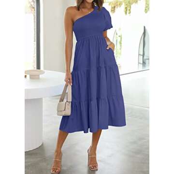 ZESICA Women's Boho Summer One Shoulder Short Sleeve Smocked Side Split Ruffle Swing Midi Dress Roya...
