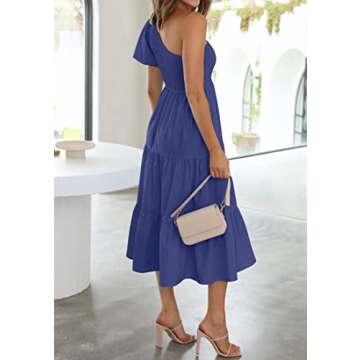ZESICA Women's Boho Summer One Shoulder Short Sleeve Smocked Side Split Ruffle Swing Midi Dress Royal Blue S