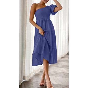 ZESICA Women's Boho Summer One Shoulder Short Sleeve Smocked Side Split Ruffle Swing Midi Dress Royal Blue S