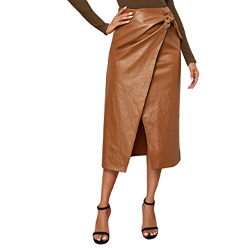 SweatyRocks Women's Elegant High Waist Tie Knot Wrap PU Leather Midi Skirts Brown S