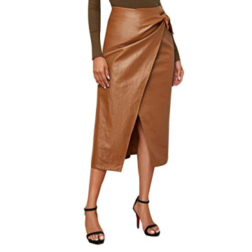 SweatyRocks Women's Elegant High Waist Tie Knot Wrap PU Leather Midi Skirts Brown S