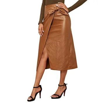 SweatyRocks Women's Elegant High Waist Tie Knot Wrap PU Leather Midi Skirts Brown S