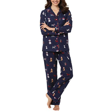 PajamaGram Women's Flannel Pajamas - Cozy Dog Print, Navy, MD