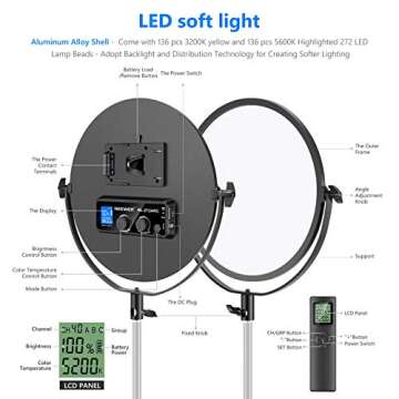 Neewer 14” Round LED Video Light Panel with 2.4G Wireless Remote, Ultra-Slim 45W 3200K~5600K Bi-Co...