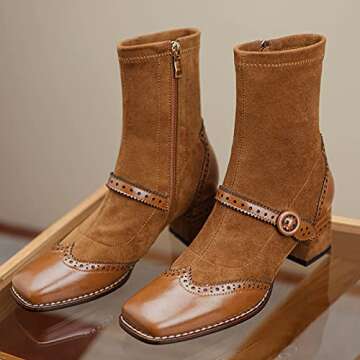 U-lite Women's Fall Winter Wingtip Brogues Ankle Boots, Square Toe Suede Leather Mid Heel Shoes, Zip...