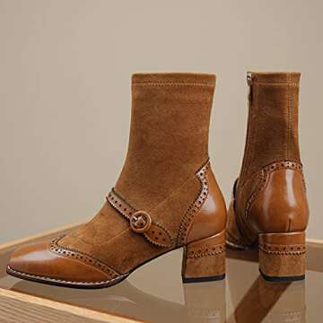 U-lite Women's Fall Winter Wingtip Brogues Ankle Boots, Square Toe Suede Leather Mid Heel Shoes, Zipper Strap Embellishment Booties Brown 6.5