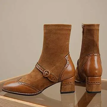 U-lite Women's Fall Winter Wingtip Brogues Ankle Boots, Square Toe Suede Leather Mid Heel Shoes, Zipper Strap Embellishment Booties Brown 6.5