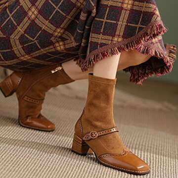 U-lite Women's Fall Winter Wingtip Brogues Ankle Boots, Square Toe Suede Leather Mid Heel Shoes, Zipper Strap Embellishment Booties Brown 6.5