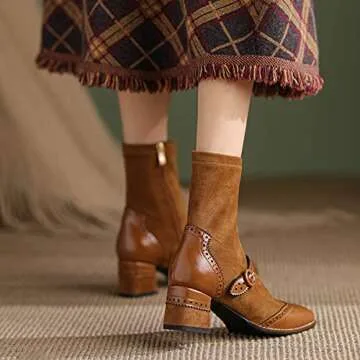 U-lite Women's Fall Winter Wingtip Brogues Ankle Boots, Square Toe Suede Leather Mid Heel Shoes, Zipper Strap Embellishment Booties Brown 6.5