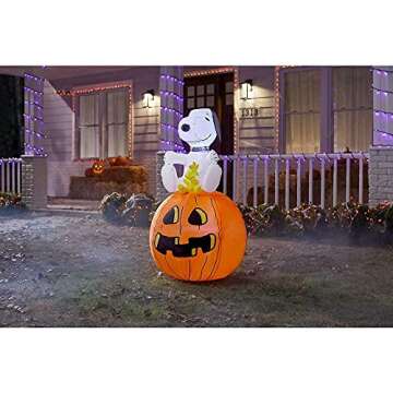 Gemmy Industries Halloween Peanuts Snoopy with Woodstock Sitting On Pumpkin Inflatable Airblown Ligh...