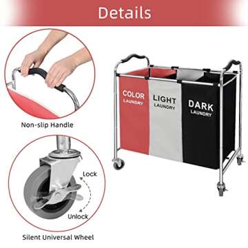Laundry Basket, Large Laundry Hamper with Wheels, 3 Section Laundry Bag Organizer for Dirty Clothes,...