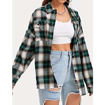 Lumister Womens' Spring Oversized Flannel Plaid Shirt Long Sleeve Drop Shoulder Lapel Button Down Sh...