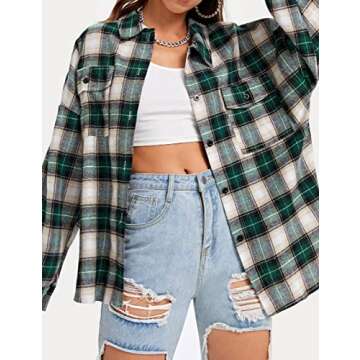 Lumister Womens' Spring Oversized Flannel Plaid Shirt Long Sleeve Drop Shoulder Lapel Button Down Shirt Blouse Tops(0075-Olive-S)