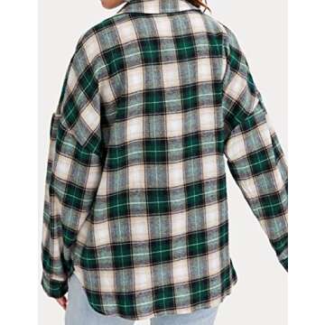 Lumister Womens' Spring Oversized Flannel Plaid Shirt Long Sleeve Drop Shoulder Lapel Button Down Shirt Blouse Tops(0075-Olive-S)