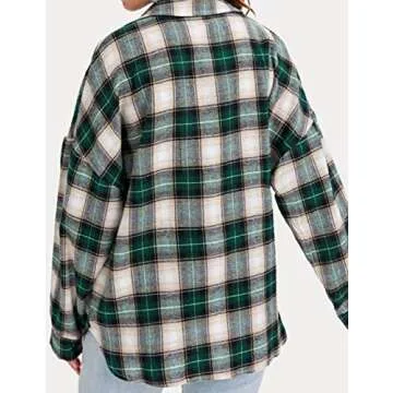 Lumister Womens' Spring Oversized Flannel Plaid Shirt Long Sleeve Drop Shoulder Lapel Button Down Shirt Blouse Tops(0075-Olive-S)