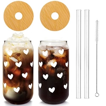 Iced Coffee Cups, Can Shaped Glass Cups, 20 OZ Hearts Cup Beer Glass, Love Can Couple Drinking Glass...