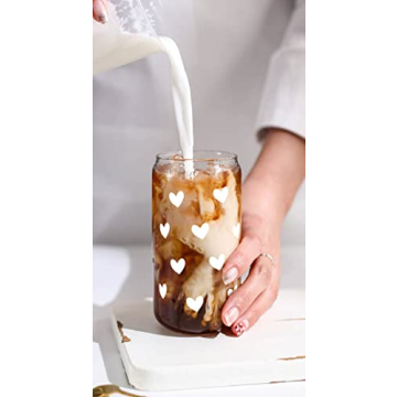 Iced Coffee Cups, Can Shaped Glass Cups, 20 OZ Hearts Cup Beer Glass, Love Can Couple Drinking Glasses, Glass Cup with Bamboo Lids and Straws Valentines Cups Gifts- 2 Sets