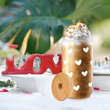Iced Coffee Cups, Can Shaped Glass Cups, 20 OZ Hearts Cup Beer Glass, Love Can Couple Drinking Glasses, Glass Cup with Bamboo Lids and Straws Valentines Cups Gifts- 2 Sets