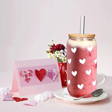 Iced Coffee Cups, Can Shaped Glass Cups, 20 OZ Hearts Cup Beer Glass, Love Can Couple Drinking Glasses, Glass Cup with Bamboo Lids and Straws Valentines Cups Gifts- 2 Sets