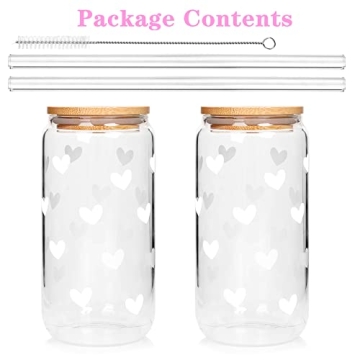 Iced Coffee Cups, Can Shaped Glass Cups, 20 OZ Hearts Cup Beer Glass, Love Can Couple Drinking Glasses, Glass Cup with Bamboo Lids and Straws Valentines Cups Gifts- 2 Sets