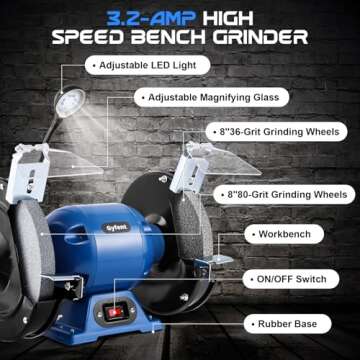 Gyfent Bench Grinder, 3.2-Amp 8-Inch High Speed Bench Grinder 3560 RPM 1/2 HP Table Grinder with 36/...