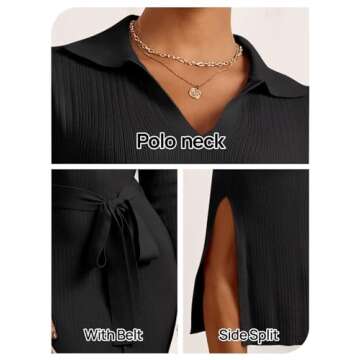 MEROKEETY Women's 2024 Fall Sweater Dress Long Sleeve Collared V Neck Slit Knit Bodycon Midi Dress with Belt