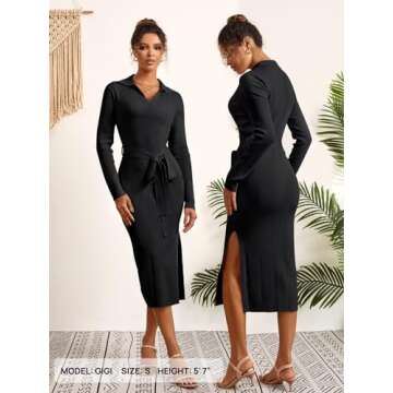 MEROKEETY Women's 2024 Fall Sweater Dress Long Sleeve Collared V Neck Slit Knit Bodycon Midi Dress with Belt
