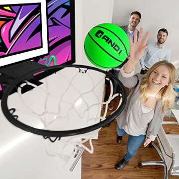 AND1 Mini Basketball Hoop: Pre-Assembled Indoor Basketball Hoop with Flex Rim, 18 inches x 12 inches, Includes One Deflated 5 Inch Basketball & Inflation Pump, Basketball Hoop for Kids, Multi Purple