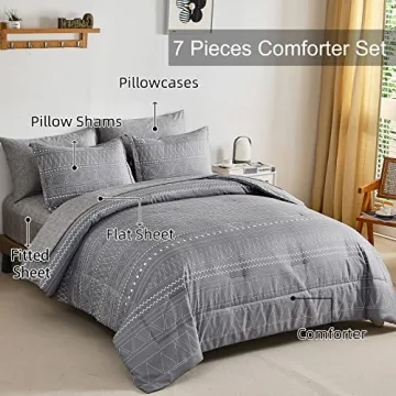 WONGS BEDDING Grey Boho Comforter Set 7 Piece Bed Set