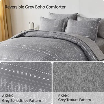 WONGS BEDDING Grey Boho Comforter Set 7 Piece Bed Set