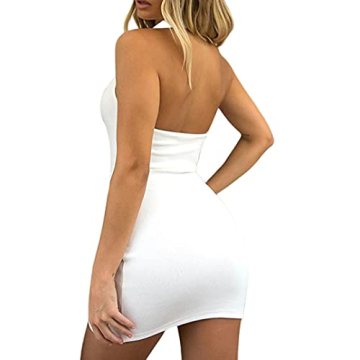 Remidoo Women's Casual Sleeveless Collared Tank Dress Backless Bodycon Mini Dress White Medium