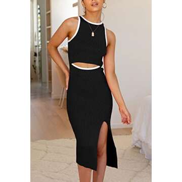 PRETTYGARDEN Women's Summer Midi Bodycon Dresses Casual Crew Neck Side Slit Sleeveless Knit Cut Out Tank Top Dress (Z-Black,X-Large)
