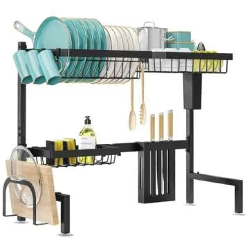 Sakugi Dish Drying Rack - Large Over The Sink Dish Drainer Drying Rack (30.0" to 33.9" W), Large Capacity Stainless Steel Dish Rack, Multifunctional Kitchen Organizers and Storage Rack, Black