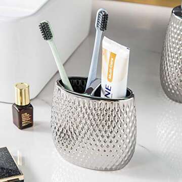 Silver Bathroom Accessory Set 4 Piece Ceramic Bath Accessories Sets Complete, Rain- Drop Shaped Bathroom Essential with Toothbrush Holder & Dish, Tumbler, Soap Dispenser Set for Bath Decor