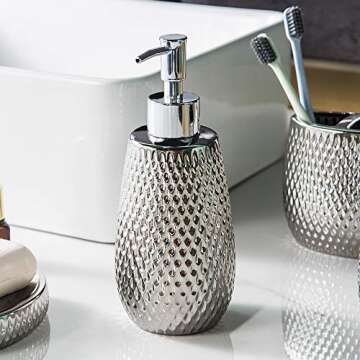 Silver Bathroom Accessory Set 4 Piece Ceramic Bath Accessories Sets Complete, Rain- Drop Shaped Bathroom Essential with Toothbrush Holder & Dish, Tumbler, Soap Dispenser Set for Bath Decor