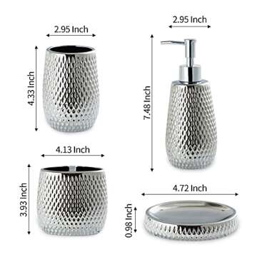 Silver Bathroom Accessory Set 4 Piece Ceramic Bath Accessories Sets Complete, Rain- Drop Shaped Bathroom Essential with Toothbrush Holder & Dish, Tumbler, Soap Dispenser Set for Bath Decor