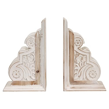 1 Pair Rustic Distressed Finish Wood Bookends, White Bookends Decorative Unique, Carved Pattern Farm...