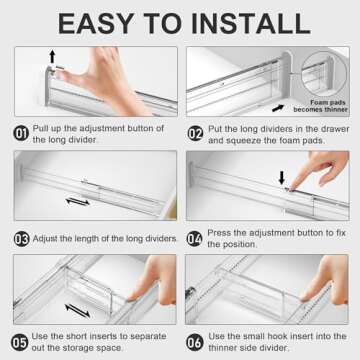 HiYZ Expandable Drawer Dividers with Inserts - Adjustable Drawer Organizers Separators for Kitchen, Bedroom, Dresser, Office, 5 Long Dividers(12.6-22.8 IN) with 10 Inserts(3.9-7.1 IN) - Clear