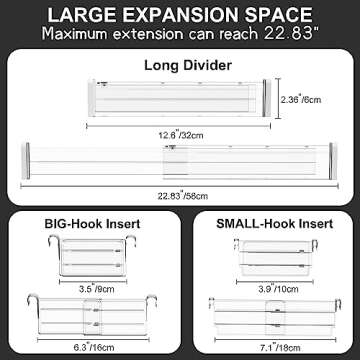 HiYZ Expandable Drawer Dividers with Inserts - Adjustable Drawer Organizers Separators for Kitchen, Bedroom, Dresser, Office, 5 Long Dividers(12.6-22.8 IN) with 10 Inserts(3.9-7.1 IN) - Clear