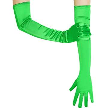 Wobe Long Opera Party 20s Satin Gloves Stretchy Adult Size Elbow Length Mardi Gras (Green)