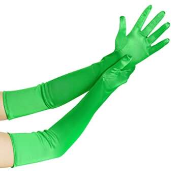 Wobe Long Opera Party 20s Satin Gloves Stretchy Adult Size Elbow Length Mardi Gras (Green)