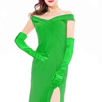 Wobe Long Opera Party 20s Satin Gloves Stretchy Adult Size Elbow Length Mardi Gras (Green)
