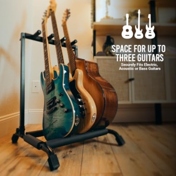 Wayfinder Collapsible Folding 3 Guitar Rack Stand for Acoustic, Electric, and Bass Guitars, Space-Sa...