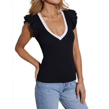 Ezbelle Women's Summer Deep V Neck Ruffle Tank Top