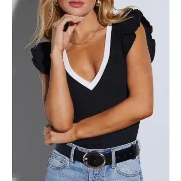 Ezbelle Women's Summer Deep V Neck Ruffle Tank Top