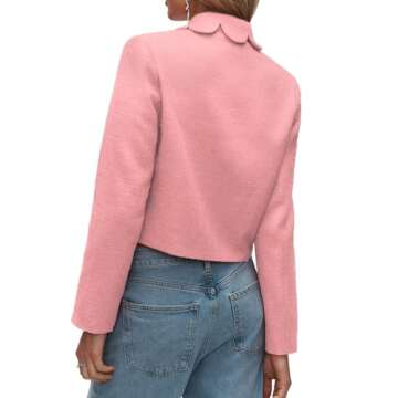 Women's Petal Bow Tweed Blazers Long Sleeve Cropped Jacket Tops Fall Open Front Office Work Blazer Coats Pink