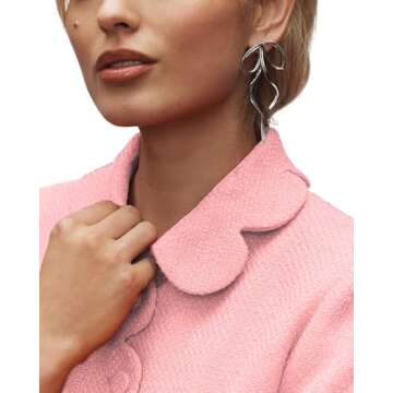 Women's Petal Bow Tweed Blazers Long Sleeve Cropped Jacket Tops Fall Open Front Office Work Blazer Coats Pink