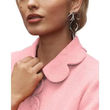 Women's Petal Bow Tweed Blazers Long Sleeve Cropped Jacket Tops Fall Open Front Office Work Blazer Coats Pink